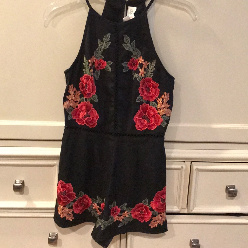 Black silk floral romper!
